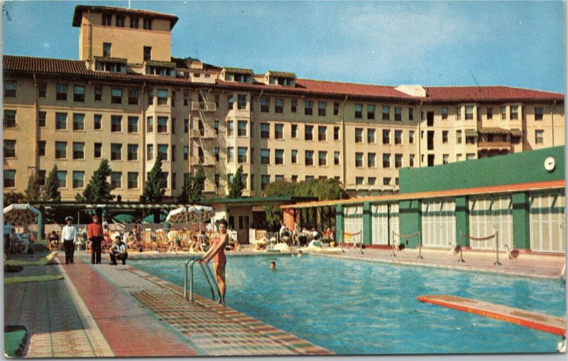 Los Angeles Ambassador Sun Club - woman by pool  LA California postcard