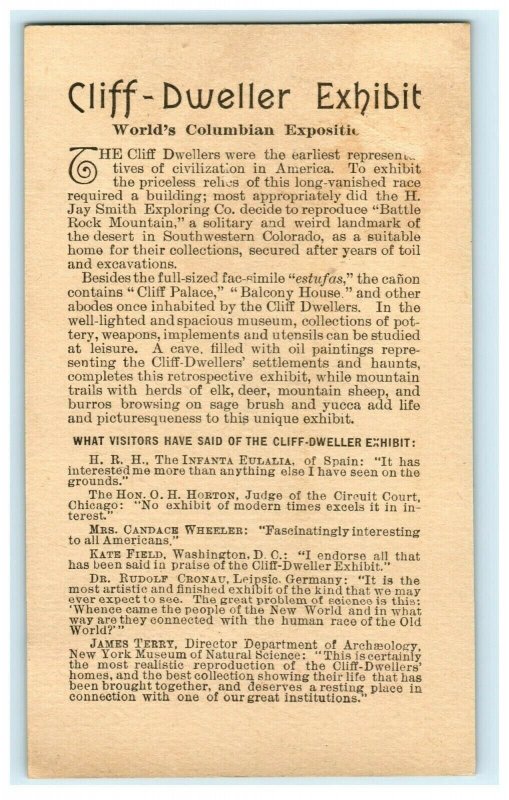 1893 Map Of World's Fair Cliff-Dweller Exhibit Balcony House Chicago 7J