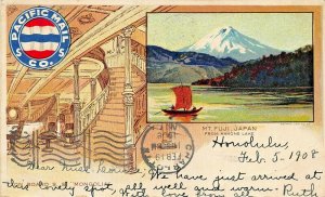 PACIFIC MAIL CO~ON BOARD S S MONGOLIA~MT FUJI FROM HAKONE LAKE~1908 POSTCARD