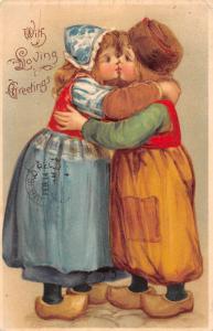 Dutch Children Couple Kissing Loving Greetings Antique Postcard K90312