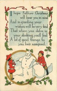 Artist impression Winter Scene snowman kids 1919 Postcard National Art 11238