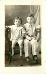 c1910 Studio RPPC 2 Sweet Little Boys Brothers on one Chair, James & Buddy Wheat