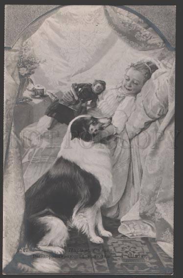 3107614 COLLIE Dog & Girl w/ DOLL Sign SCHLOMKA vintage SALON