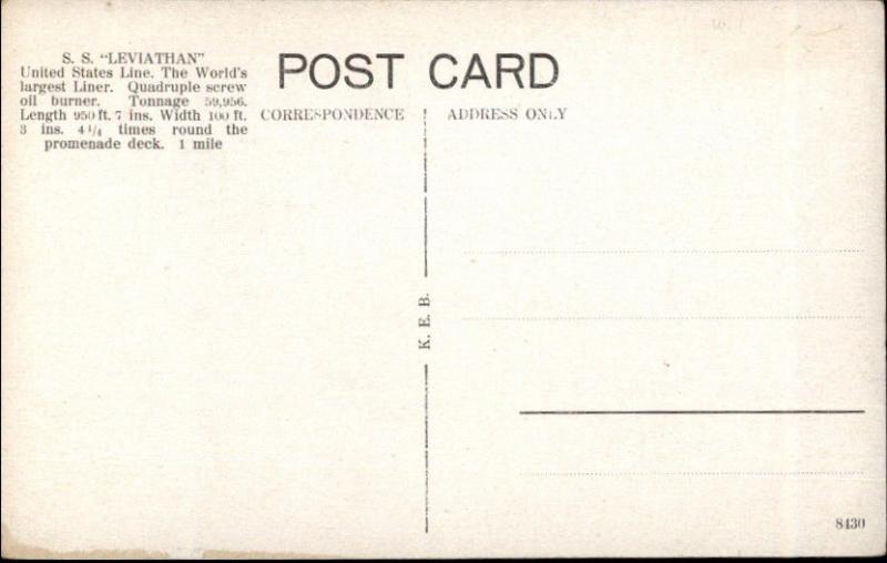 Steamship SS S.S. Leviathan Publ by KEB c1915 Postcard