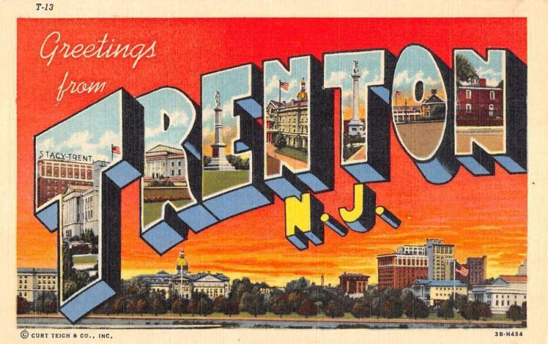 Trenton New Jersey Greetings Large Letter Linen Antique Postcard K20145