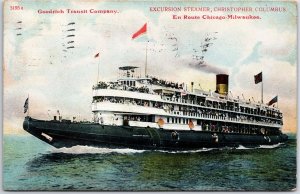 VINTAGE POSTCARD STEAMER CHRISTOPHER COLUMBUS EN ROUTE CHICAGO MILWAUKEE 1911