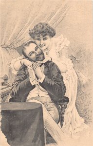 Love Romance Elegant Couple Woman Hugs Lover vintage postcard B917
