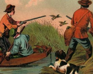 1880's Vinegar & Pickle Works Marshalltown, IA Duck Hunting Scene Rifle Dog 7U