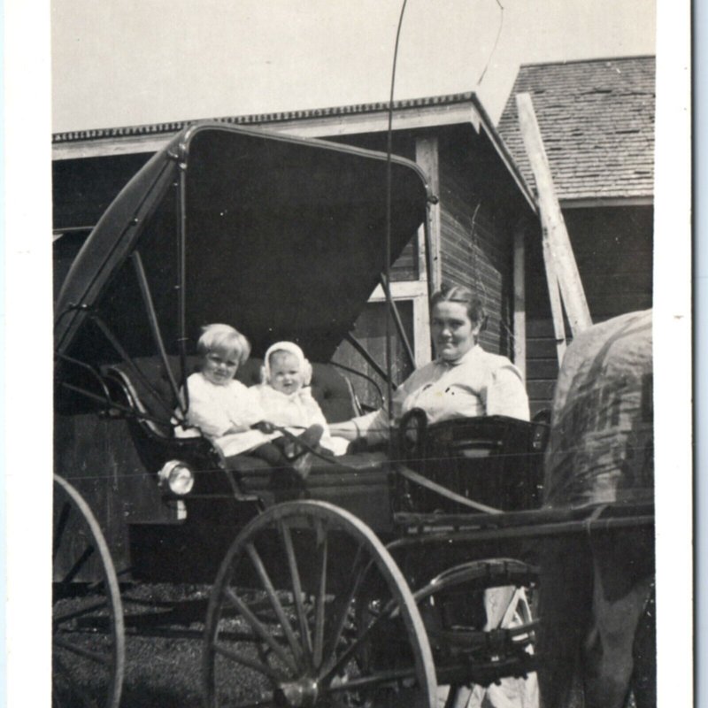 c1900s Cute Mother & Children RPPC Boy Ride Horse Carriage Real Photo Whip A135