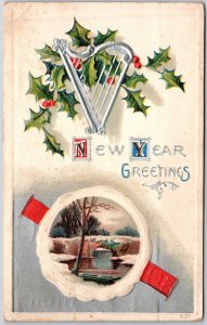 1910's New Year Greetings Landscape Bridge Winter Posted Postcard