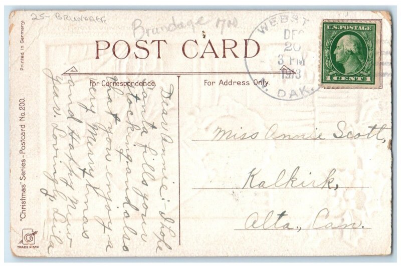 1913 Christmas Greetings Girl Holly Berries Brundage Webster ND Posted Postcard