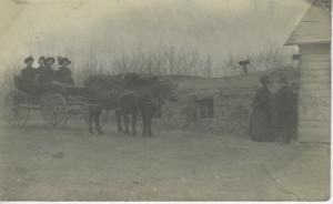 Portrait of 6 People by Farm House Horse Buggy  Unknown Location RPPC Postcard