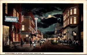 Postcard Queen Street at Night, Looking East in Hampton, Virginia