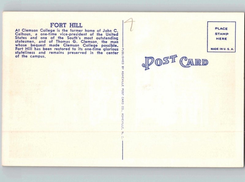c1940 Fort Hill Home Of John Calhoun Clemson College South Carolina SC Postcard