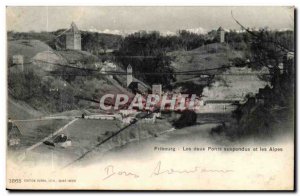 Switzerland Friborg Old Postcard The two suspension bridges and the Alps