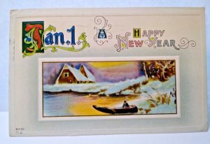 New Years Postcard Canoe On Lake Country Cottage Nash NY-42 Scranton PA 1913