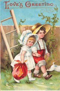 Ellen Clapsaddle Love's Greeting Young Girl & Boy Dog & Ladder Postcard