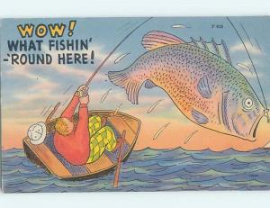 Linen-ish comic exaggeration HUGE FISH KNOCKS OVER FISHING BOAT HL3519