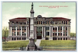 c1910 High School Building Soldiers Monument Davenport Iowa IA Vintage Postcard