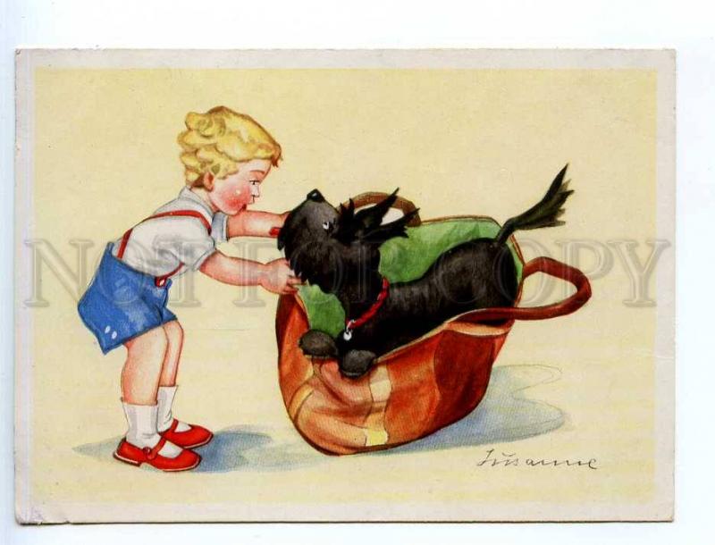 221915 GERMANY SCOTTISH Terrier dog in bag boy Old postcard
