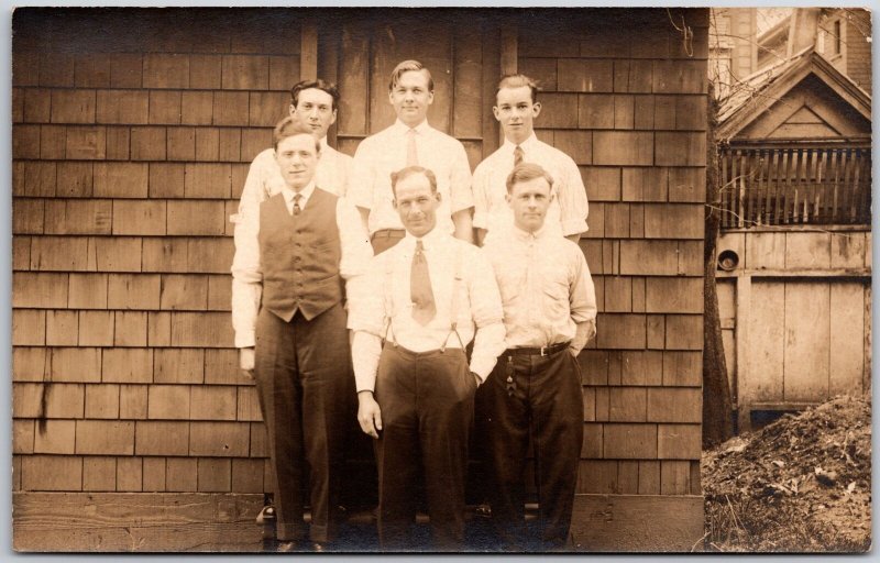 Six Men Photograph Gentlemen Wall Background Real Photo RPPC Postcard