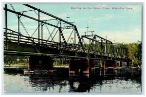 c1910 Boating Cedar River Bridge Boat Waterloo Iowa IA Antique Vintage Postcard