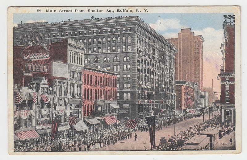 P2296 1921 postcard many people usa flags etc main st. buffalo new york