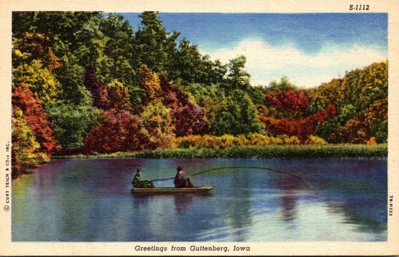 Iowa Greetings From Guttenberg Fishing Scene Curteich