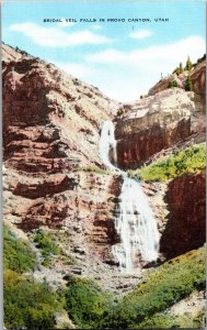 BRIDAL VEIL FALLS IN PROVO CANYON, UTAH Vintage Postcard Ki3