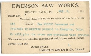 Advertising Postcard Emerson Saw Works Beaver Falls PA 1904