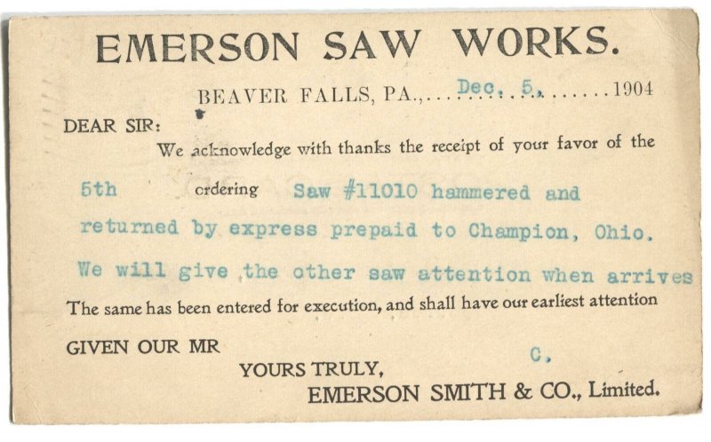 Advertising Postcard Emerson Saw Works Beaver Falls PA 1904