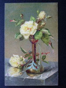 Greetings Art Nouveau VASE & YELLOW ROSES c1904 Postcard by Raphael Tuck 1762
