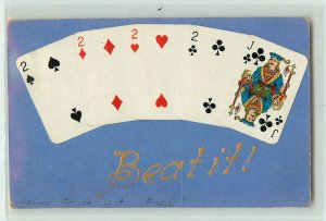 c1909 Postcard Hand of Tiny Playing Cards glued on, 4 of a Kind + Jack, Beat it!