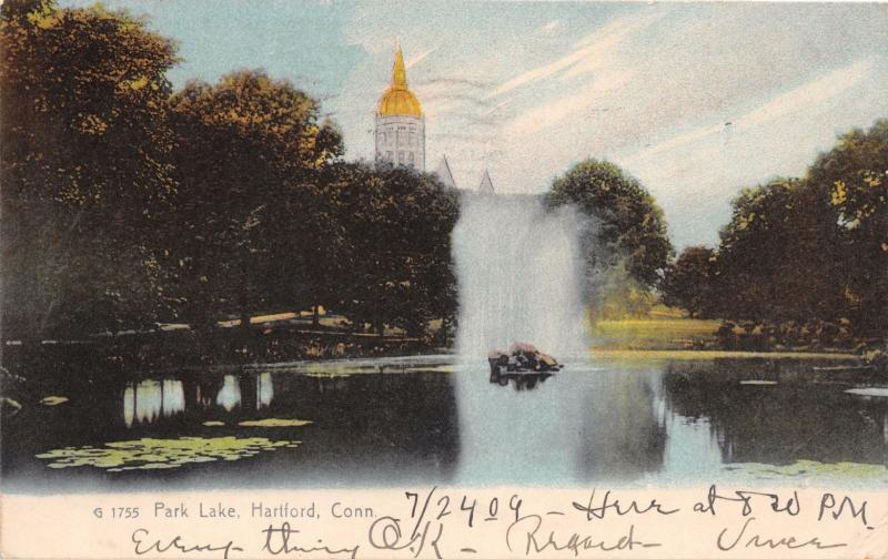 HARTFORD CT PARK LAKE FOUNTAIN~CAPITOL IN DISTANCE ROTOGRAPH POSTCARD c1909