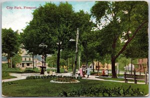 City Park Freeport Illinois IL Park Grounds Fountain Benches Trees Postcard