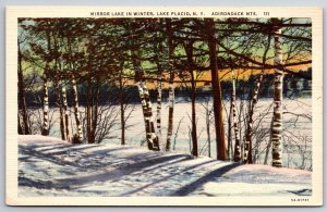 Adirondack Mts New York~View Of Mirror Lake In Winter~Vintage Linen Postcard