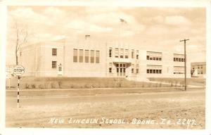 Boone Iowa~New Lincoln School~Xing Stop Sign by Street~Bare Tree~1940s RPPC