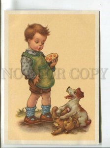 482792 East Germany GDR Children dog fox terrier and teddy bear Vintage postcard