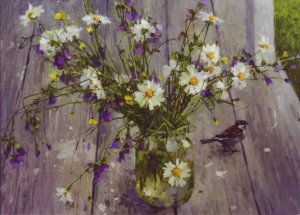 BOUQUET n BIRD Flowers chamomile Daisy Sparrow Bird Modern postcard