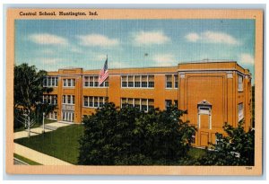 1953 US Flag Central School Huntington Indiana IN Vintage Posted Postcard 