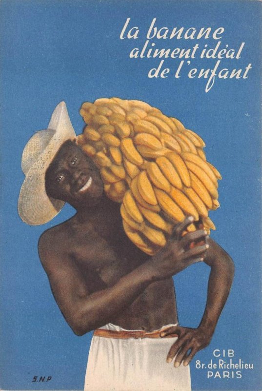 BANANAS IDEA FOOD FOR CHILDREN BLACK MAN BELGIUM EXPO ADVERTISING POSTCARD 1938