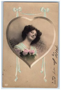 c1910's Woman In Big Heart Ribbon Flowers Latvia Russia RPPC Photo Postcard