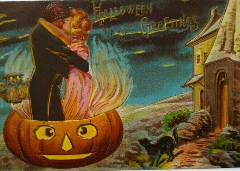 Gothic Halloween Postcard Haunted Castle Fantasy Kissing Couple Sanders Vintage