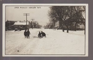 Horicon WISCONSIN RPPC 1911 MAIN STREET Snow KIDS & SLED nr Juneau Mayville KB