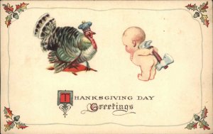 Gibson Thanksgiving Baby Hides Axe from Turkey in Crown c1910 Postcard