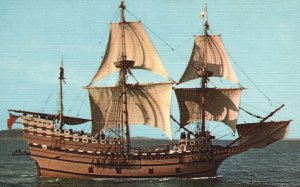 Vintage Postcard Mayflower II A Replica Of Original To Be Berthed At Plymouth MA