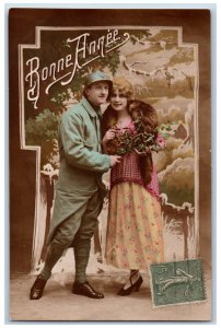 France Postcard RPPC Photo Bonne Annee New Year Soldier Romance WWI c1910's