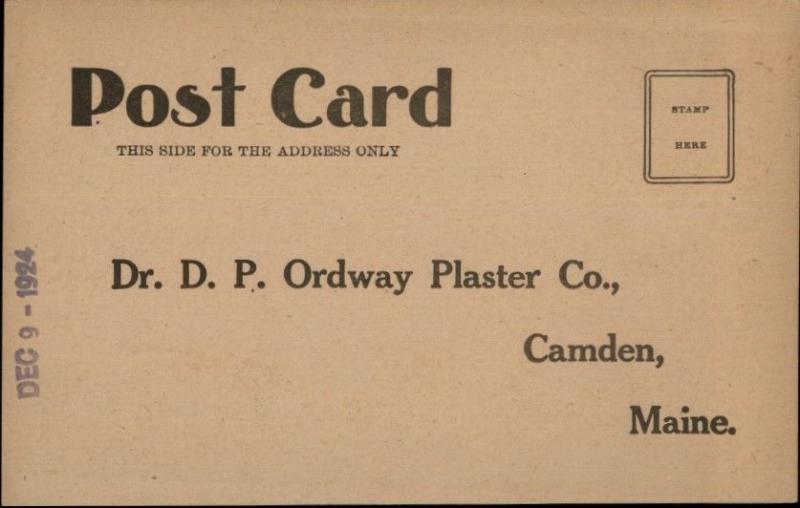 Camden ME Dr. DP Ordway Plaster Co Response Postcard c1910