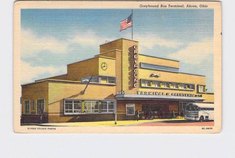 ANTIQUE POSTCARD OHIO AKRON GREYHOUND BUS TERMINAL EXTERIOR STREET VIEW 