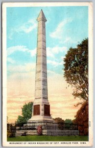 Arnolds Park Iowa 1920s Postcard Monument Of Massacre of 1857